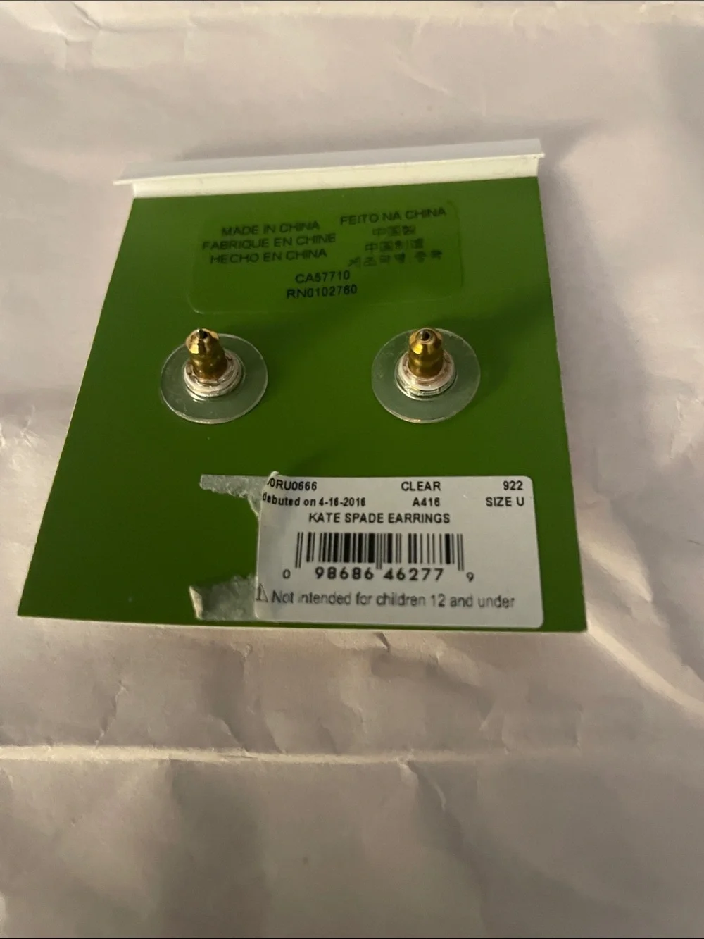 kate spade Gold Clear Crystal Stud Earrings NWT